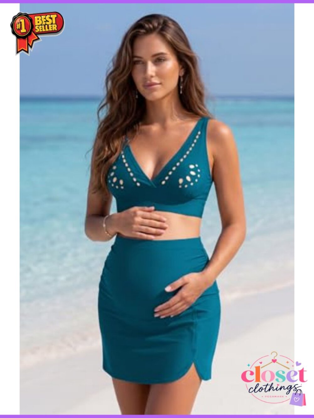 Maternity 2 Piece Bikini Set V Neck Swim Top Pregnancy Skirt Bottom - Picture 5 of 6